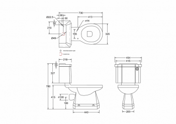 Standard close-coupled pan with slimline push button cistern